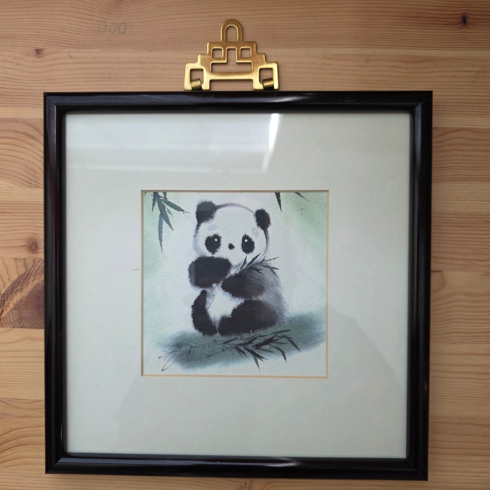 Vintage Set of 3 Framed Panda Prints Chinoiserie Brass Pagoda Hanger 8x8 zoocore - Picture 12 of 16